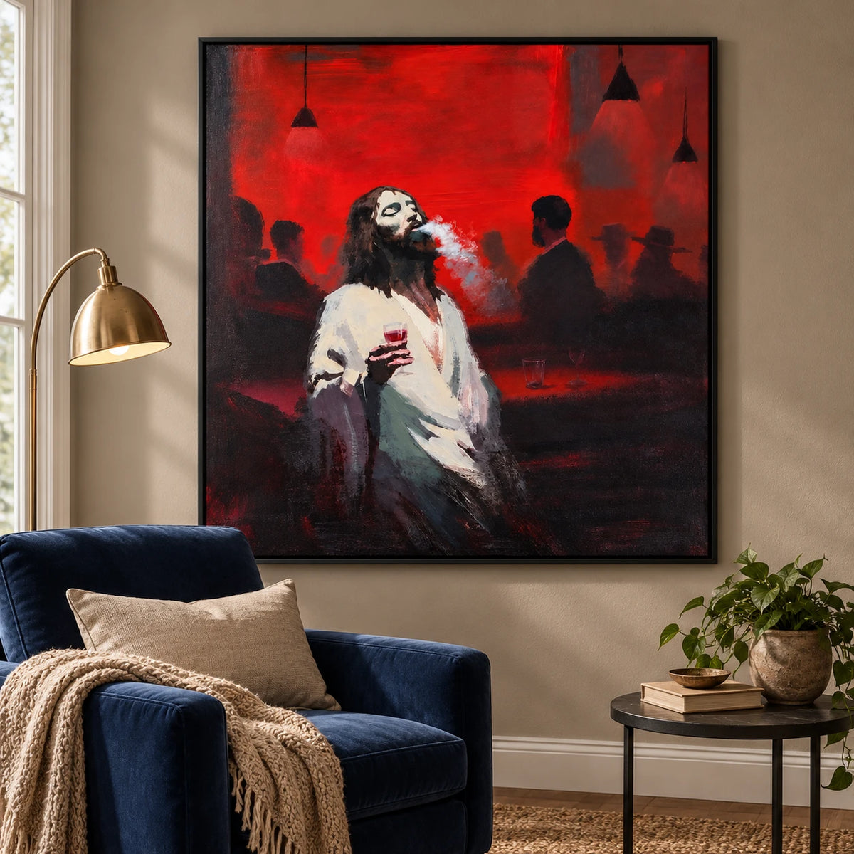 Ownanart Hand-Painted Man with Wine Glass in Red Bar Oil Painting – Expressive Figurative Portrait Art, 3D Textured Square Canvas Wall Art for Living Room Bedroom Entryway and Office