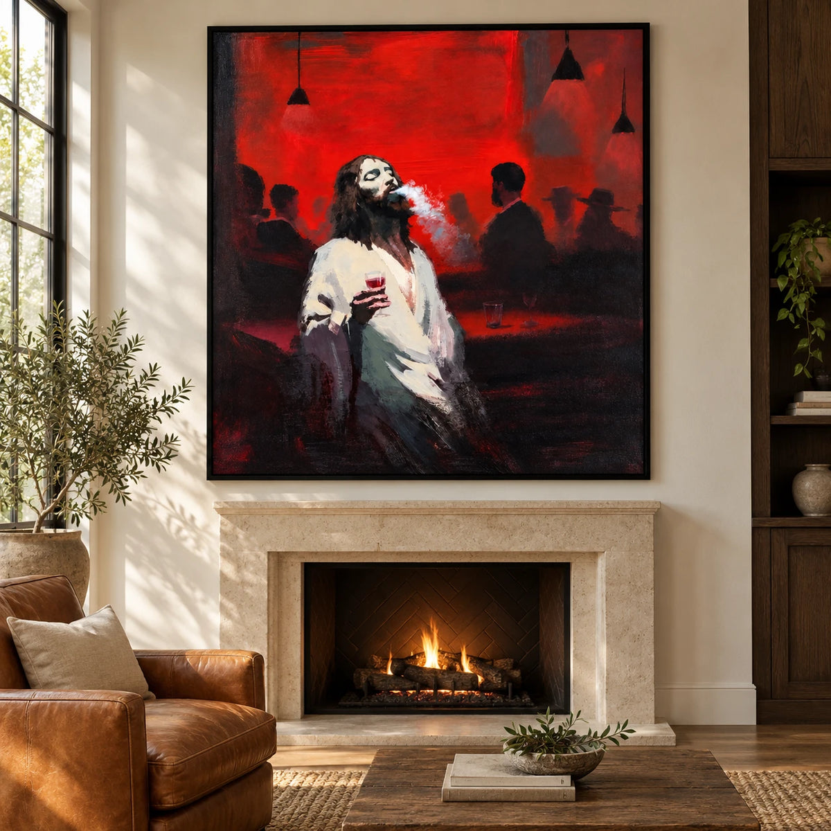 Ownanart Hand-Painted Man with Wine Glass in Red Bar Oil Painting – Expressive Figurative Portrait Art, 3D Textured Square Canvas Wall Art for Living Room Bedroom Entryway and Office