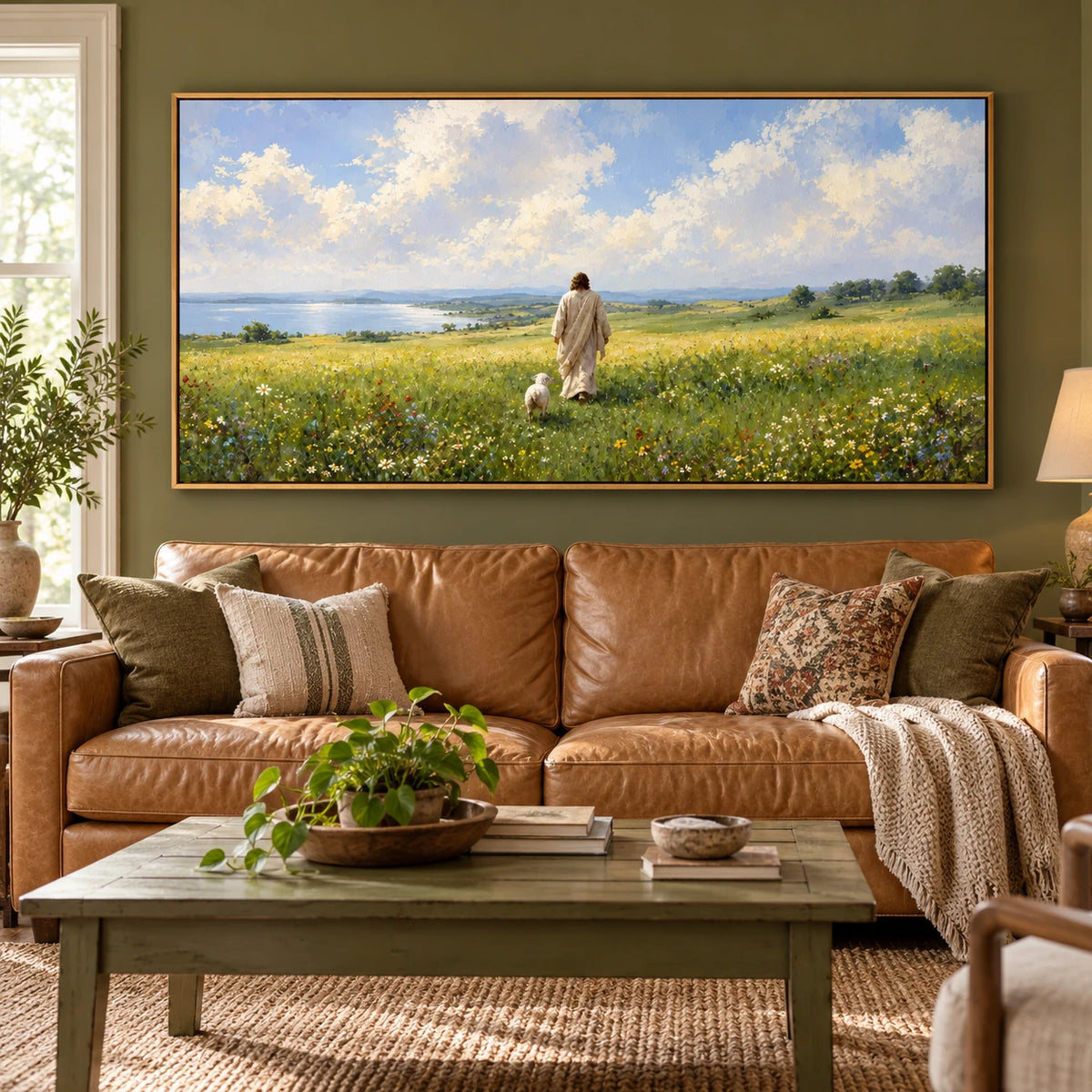 Ownanart Hand-Painted Meadow Landscape Oil Painting – Walking Figure and White Dog, Wildflowers and Lakeside Textured Nature Canvas Wall Art, Large Horizontal Painting