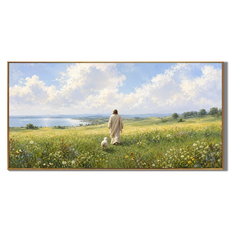 Ownanart Hand-Painted Meadow Landscape Oil Painting – Walking Figure and White Dog, Wildflowers and Lakeside Textured Nature Canvas Wall Art, Large Horizontal Painting