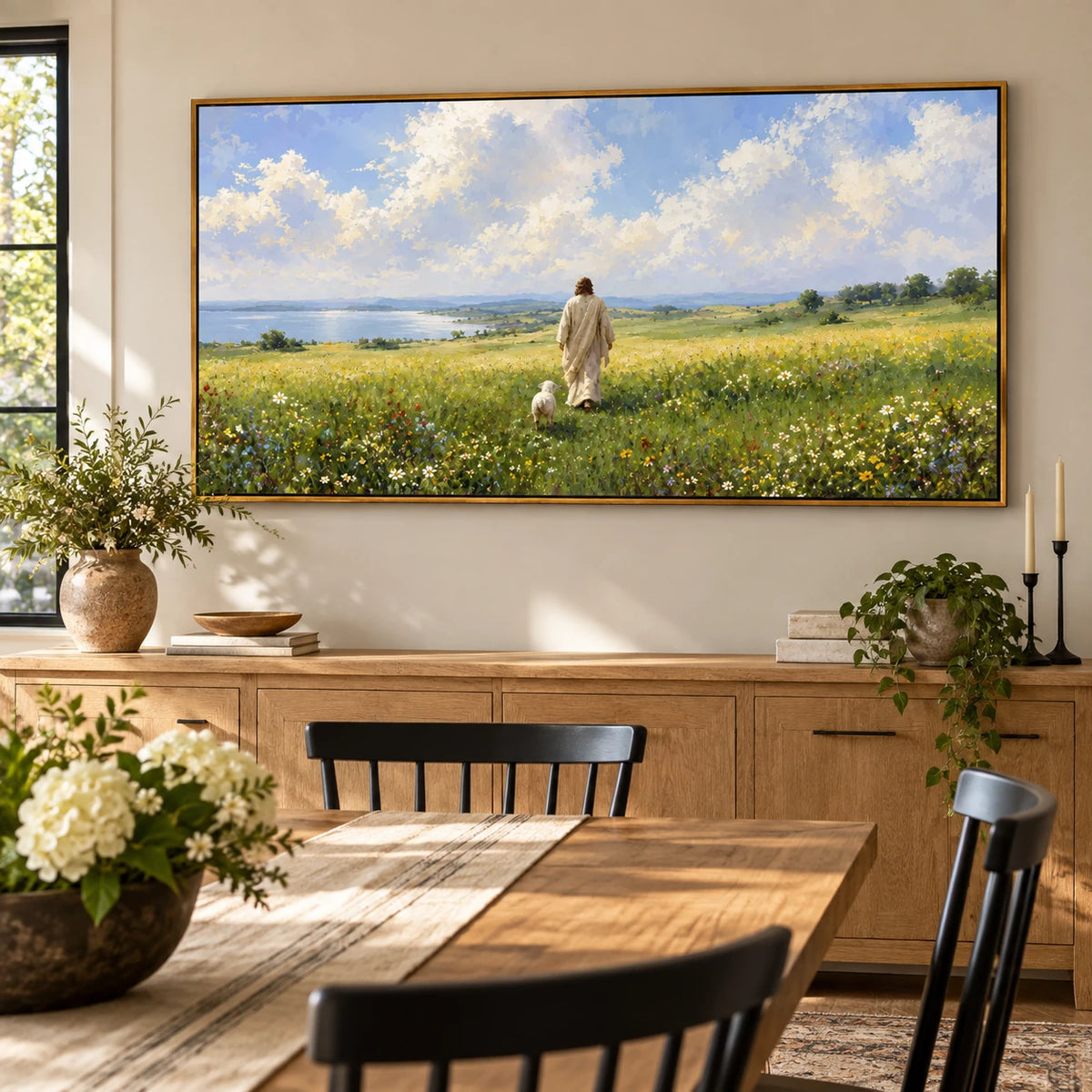 Ownanart Hand-Painted Meadow Landscape Oil Painting – Walking Figure and White Dog, Wildflowers and Lakeside Textured Nature Canvas Wall Art, Large Horizontal Painting
