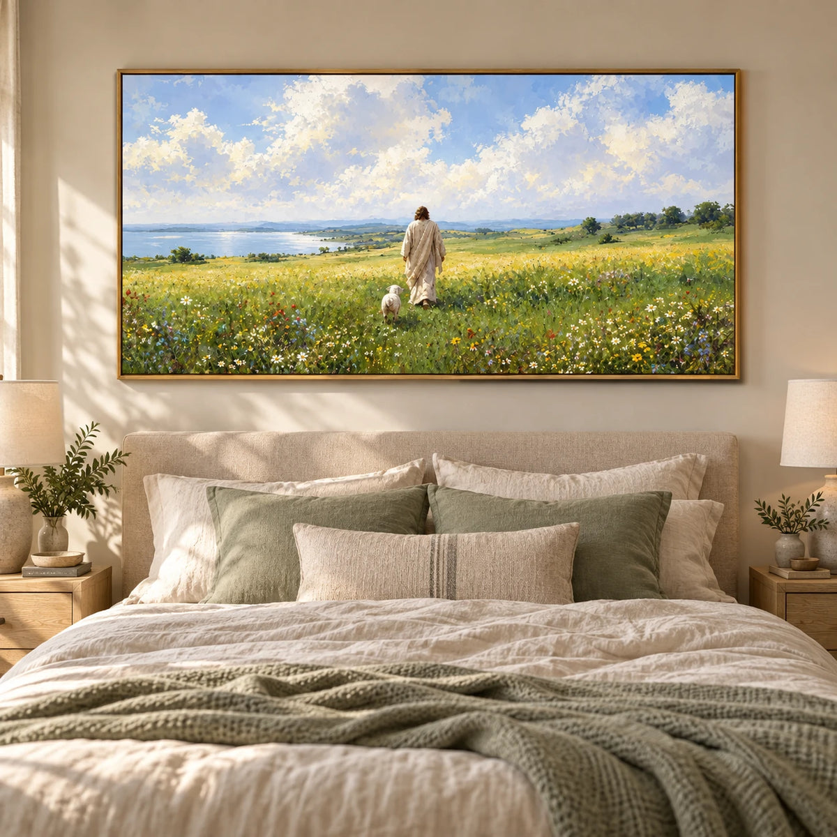 Ownanart Hand-Painted Meadow Landscape Oil Painting – Walking Figure and White Dog, Wildflowers and Lakeside Textured Nature Canvas Wall Art, Large Horizontal Painting