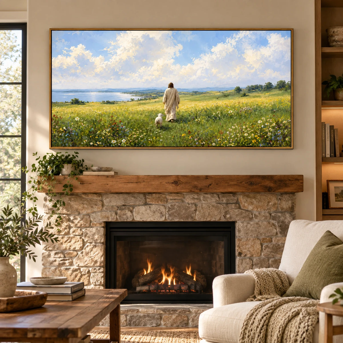 Ownanart Hand-Painted Meadow Landscape Oil Painting – Walking Figure and White Dog, Wildflowers and Lakeside Textured Nature Canvas Wall Art, Large Horizontal Painting