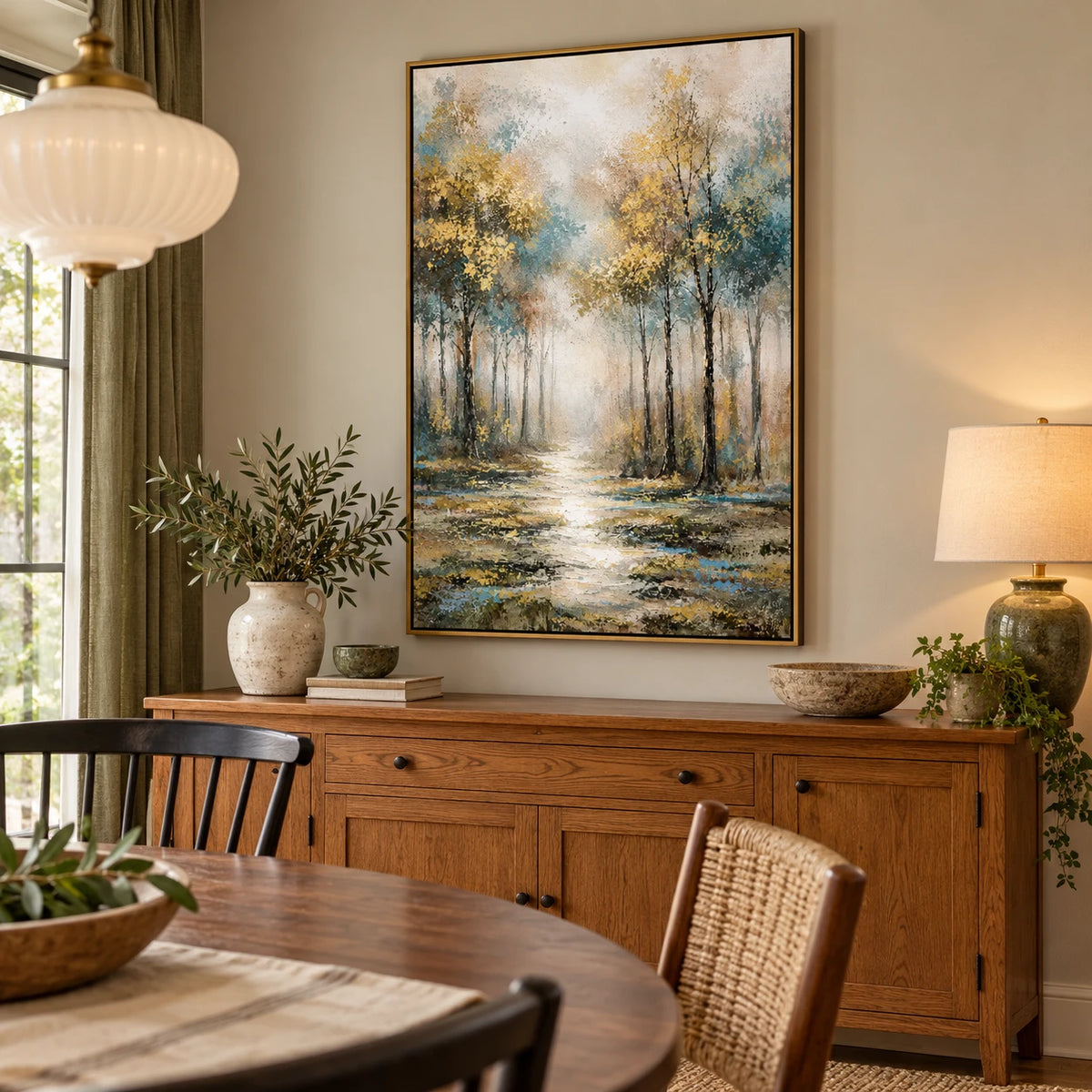 Ownanart Hand-Painted Misty Woodland Path Oil Painting – Vertical vertical forest landscape canvas, textured nature wall art, Original Canvas Art for Living Room and Office