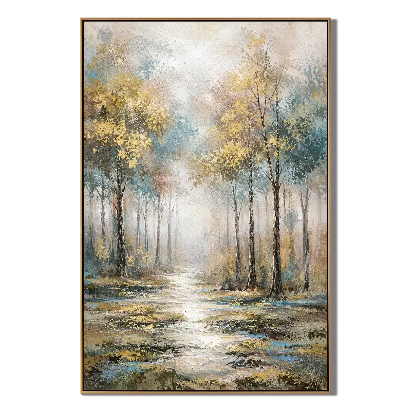 Ownanart Hand-Painted Misty Woodland Path Oil Painting – Vertical vertical forest landscape canvas, textured nature wall art, Original Canvas Art for Living Room and Office