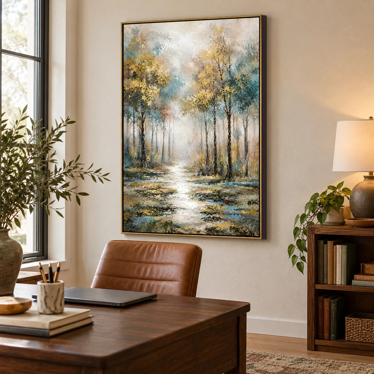 Ownanart Hand-Painted Misty Woodland Path Oil Painting – Vertical vertical forest landscape canvas, textured nature wall art, Original Canvas Art for Living Room and Office