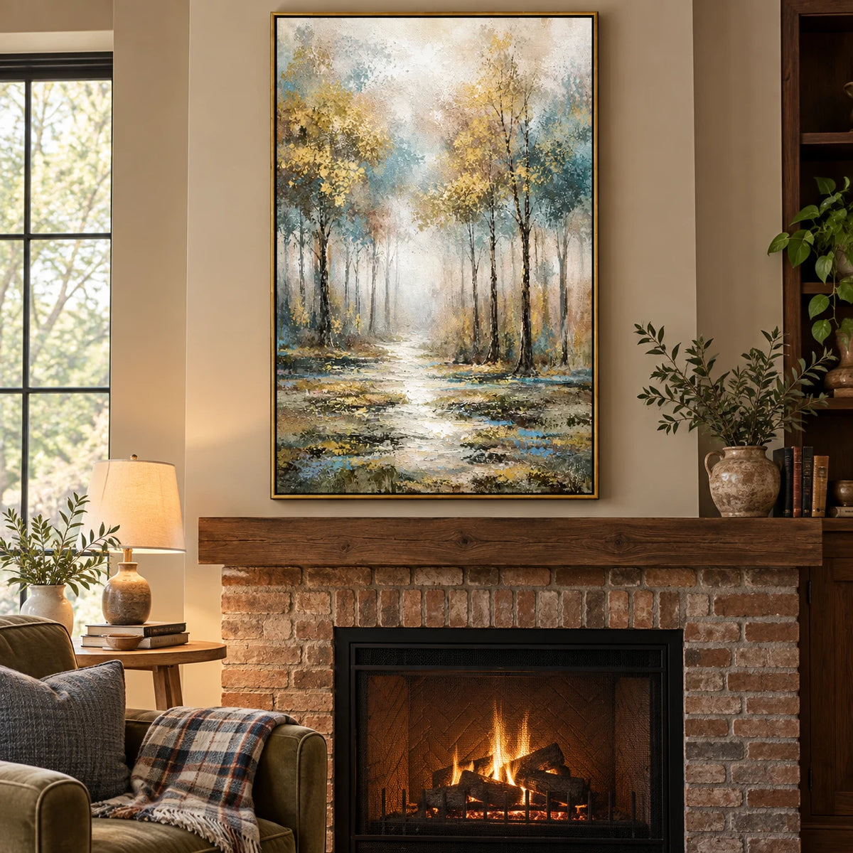 Ownanart Hand-Painted Misty Woodland Path Oil Painting – Vertical vertical forest landscape canvas, textured nature wall art, Original Canvas Art for Living Room and Office