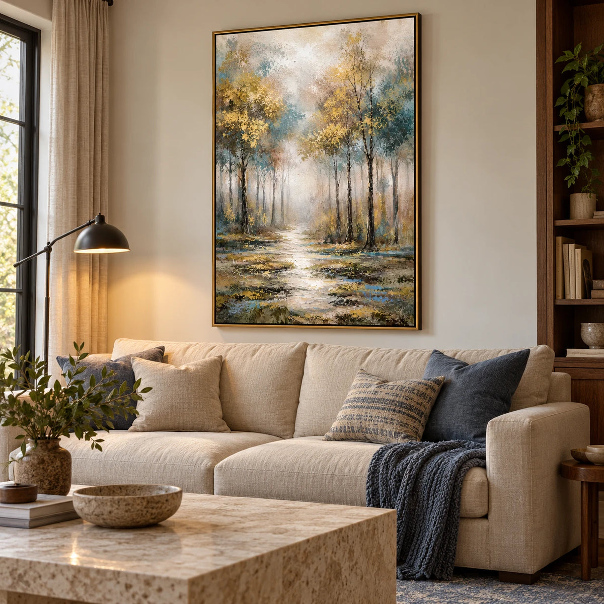 Ownanart Hand-Painted Misty Woodland Path Oil Painting – Vertical vertical forest landscape canvas, textured nature wall art, Original Canvas Art for Living Room and Office