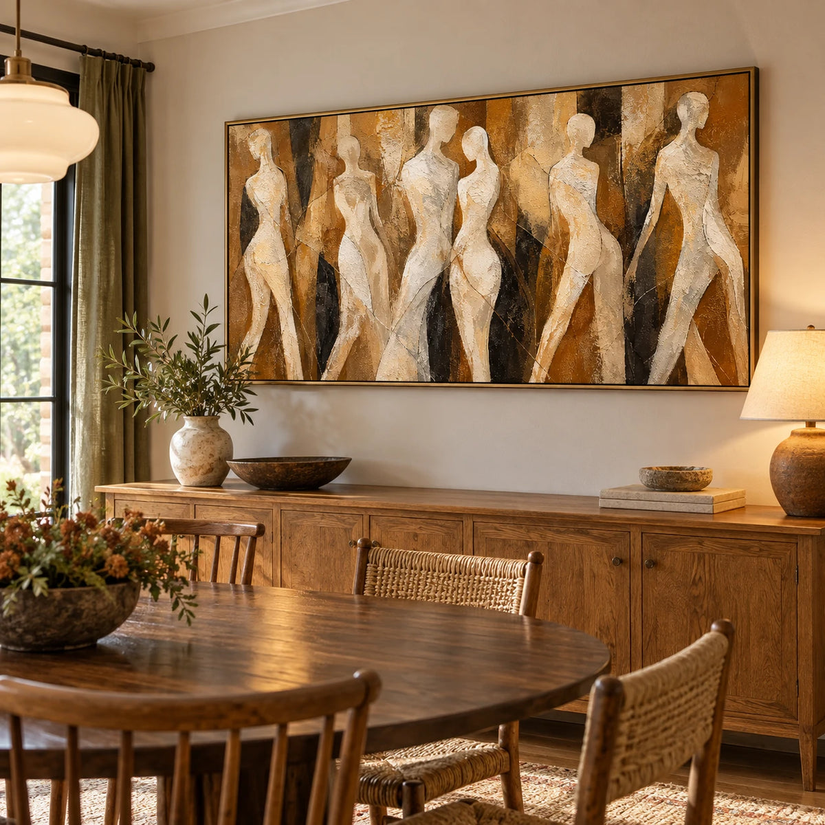 Ownanart Hand-Painted Neutral Abstract Female Figures Oil Painting – Large Horizontal abstract women canvas, beige figurative wall art, Original Canvas Art for Living Room and Office