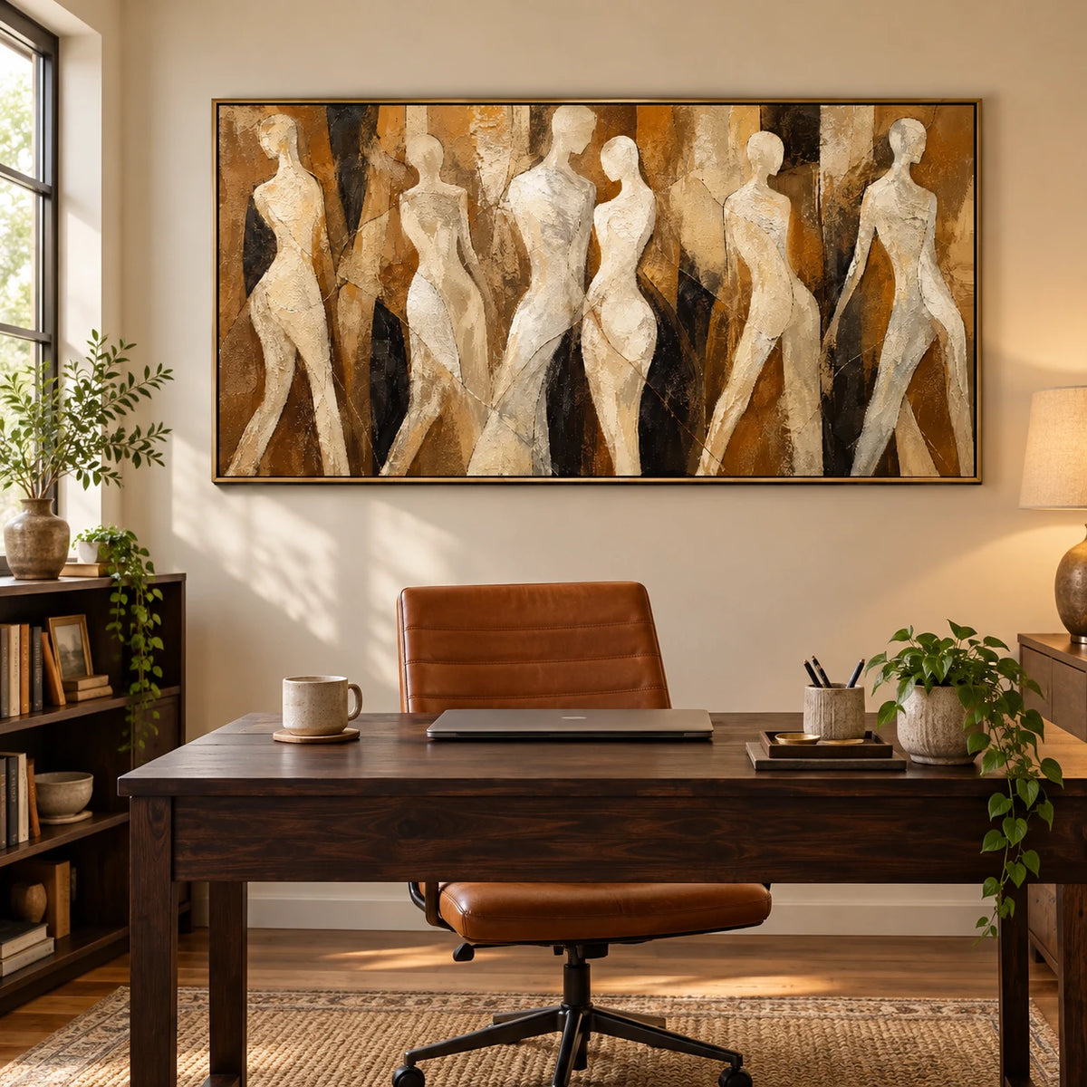 Ownanart Hand-Painted Neutral Abstract Female Figures Oil Painting – Large Horizontal abstract women canvas, beige figurative wall art, Original Canvas Art for Living Room and Office