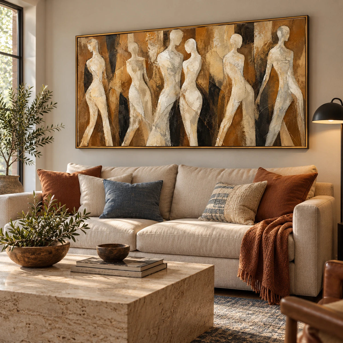 Ownanart Hand-Painted Neutral Abstract Female Figures Oil Painting – Large Horizontal abstract women canvas, beige figurative wall art, Original Canvas Art for Living Room and Office