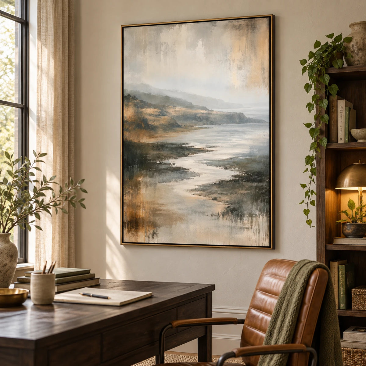 Ownanart Hand-Painted Neutral Coastal Landscape Oil Painting – Vertical vertical beige seascape canvas, atmospheric shoreline wall art, Original Canvas Art for Living Room and Office