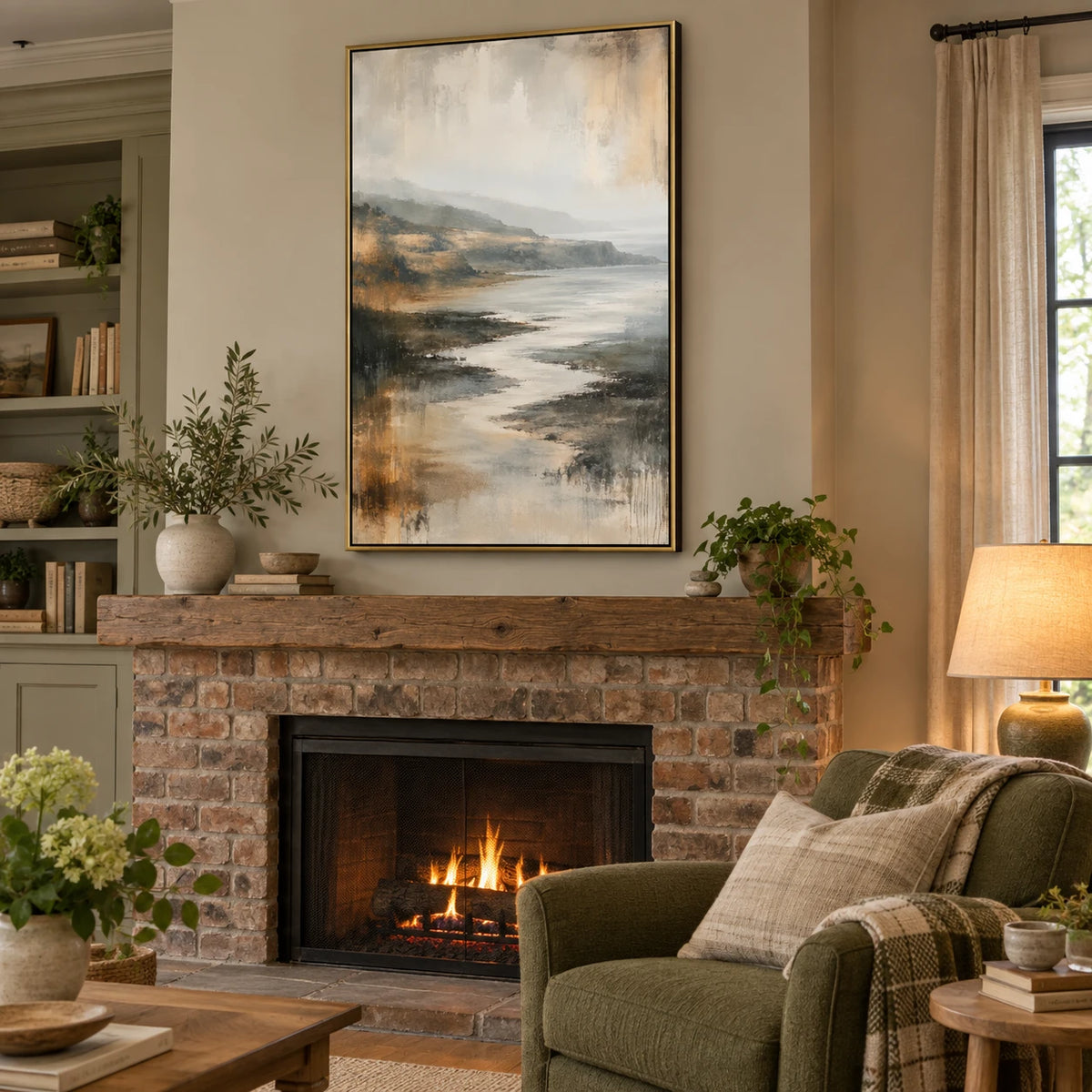 Ownanart Hand-Painted Neutral Coastal Landscape Oil Painting – Vertical vertical beige seascape canvas, atmospheric shoreline wall art, Original Canvas Art for Living Room and Office