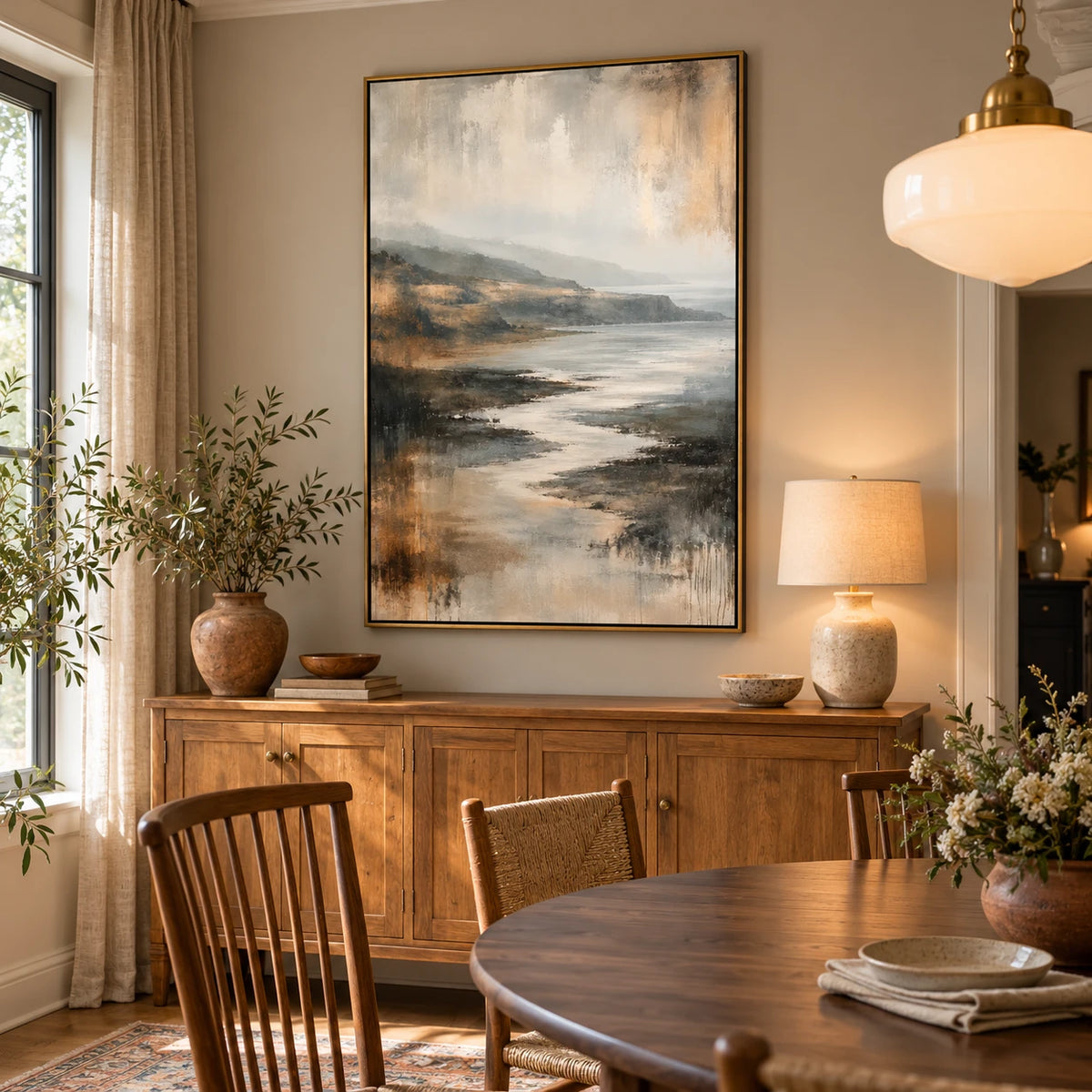 Ownanart Hand-Painted Neutral Coastal Landscape Oil Painting – Vertical vertical beige seascape canvas, atmospheric shoreline wall art, Original Canvas Art for Living Room and Office