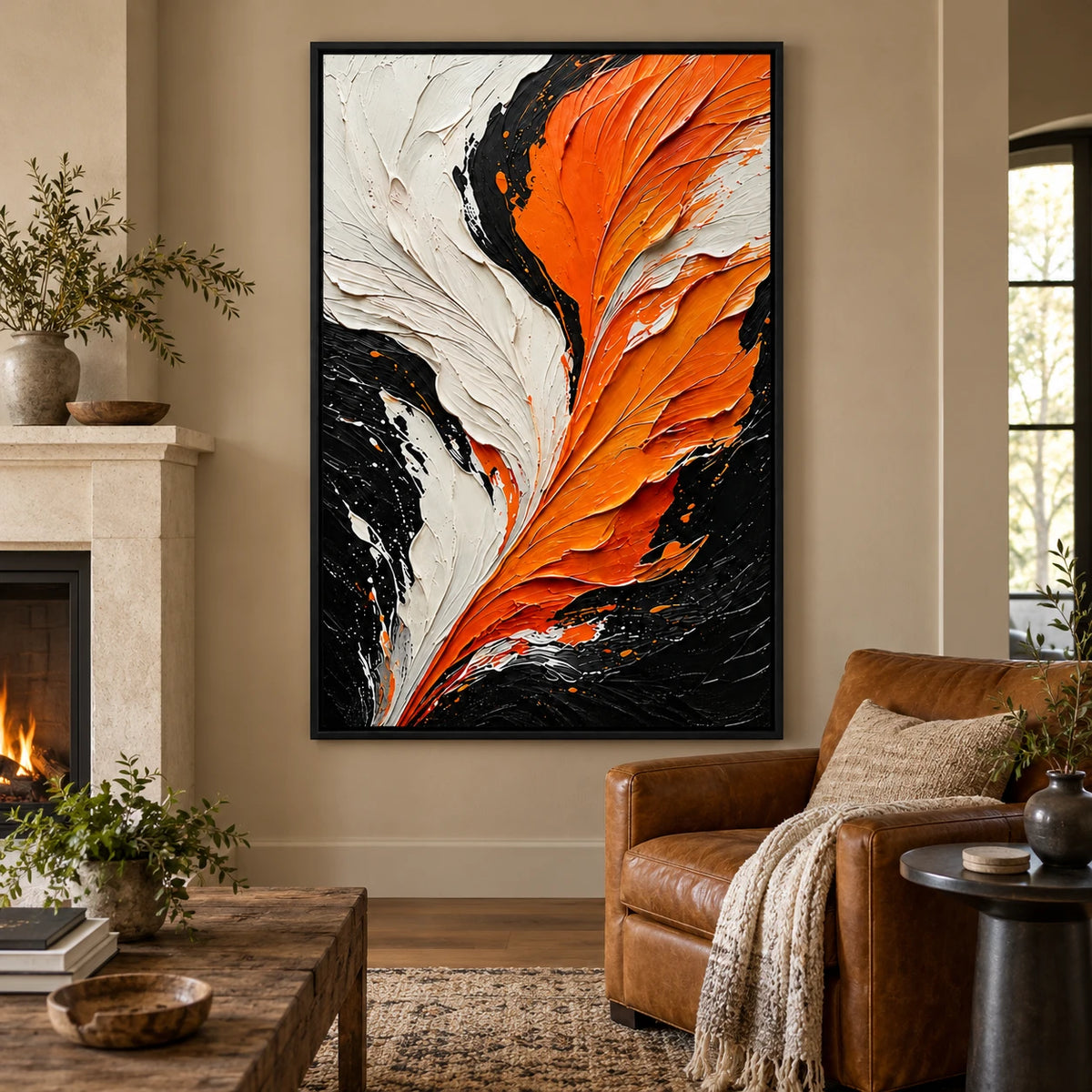 Ownanart Hand-Painted Orange Black and Ivory Feather Abstract Oil Painting – Textured Vertical Canvas Wall Art for Living Room and Office