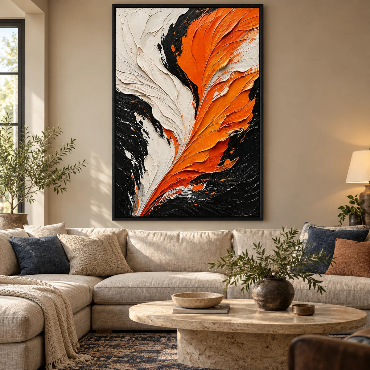 Ownanart Hand-Painted Orange Black and Ivory Feather Abstract Oil Painting – Textured Vertical Canvas Wall Art for Living Room and Office