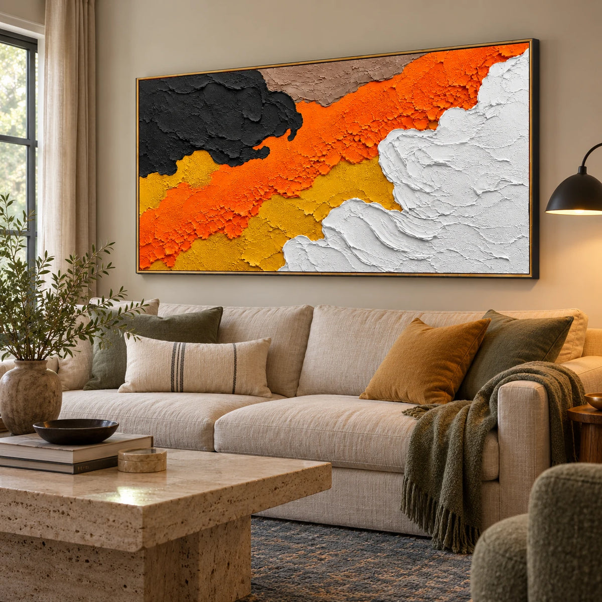 Ownanart Hand-Painted Orange Black and White Abstract Oil Painting – Large Horizontal palette knife canvas, large textured abstract wall art, Original Canvas Art for Living Room and Office