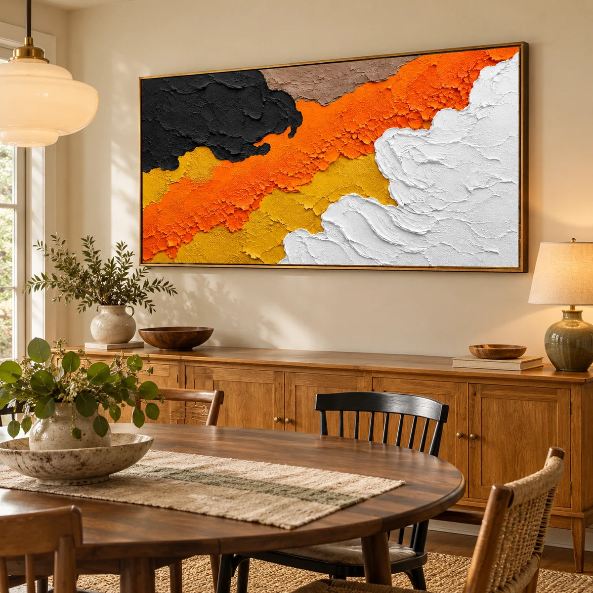 Ownanart Hand-Painted Orange Black and White Abstract Oil Painting – Large Horizontal palette knife canvas, large textured abstract wall art, Original Canvas Art for Living Room and Office