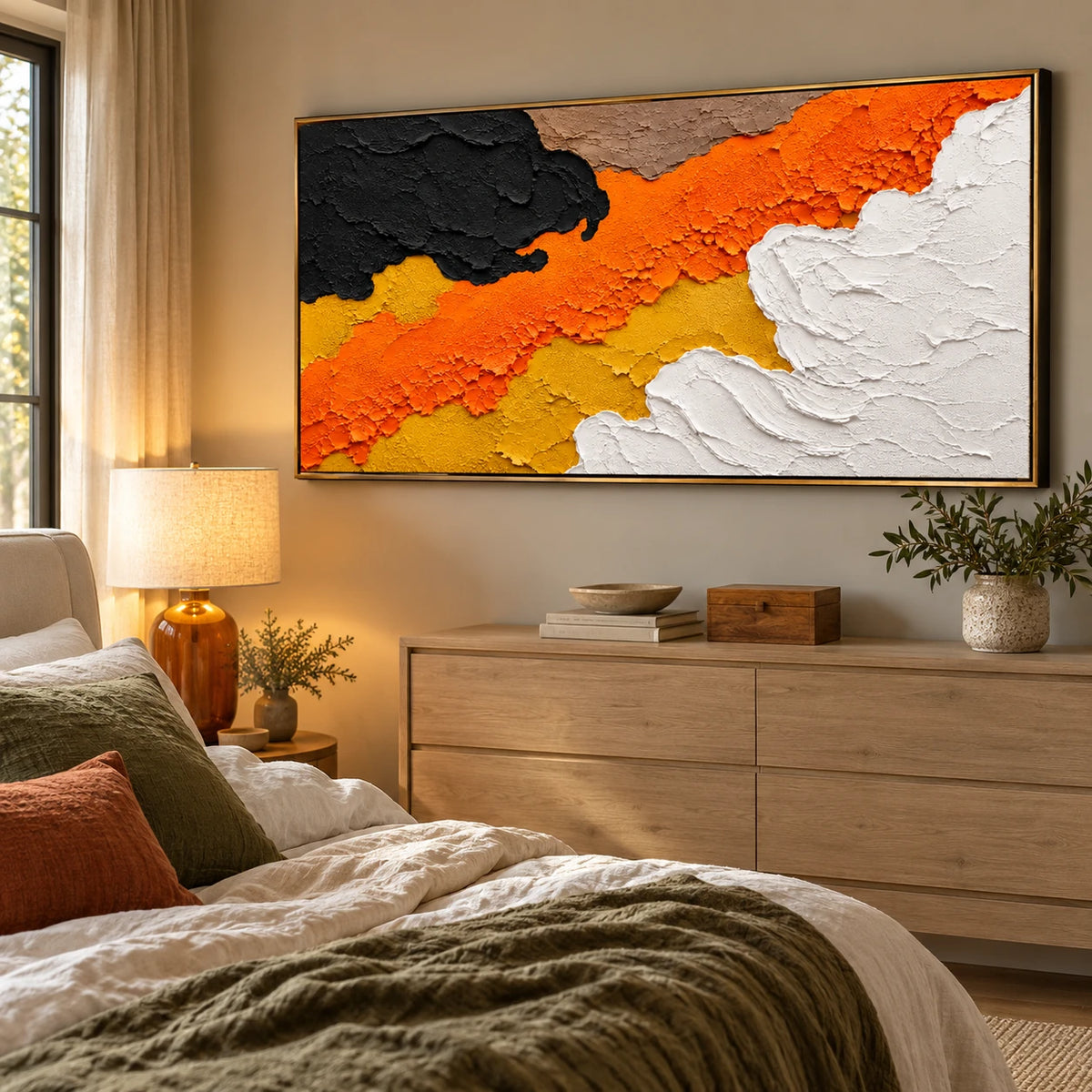 Ownanart Hand-Painted Orange Black and White Abstract Oil Painting – Large Horizontal palette knife canvas, large textured abstract wall art, Original Canvas Art for Living Room and Office