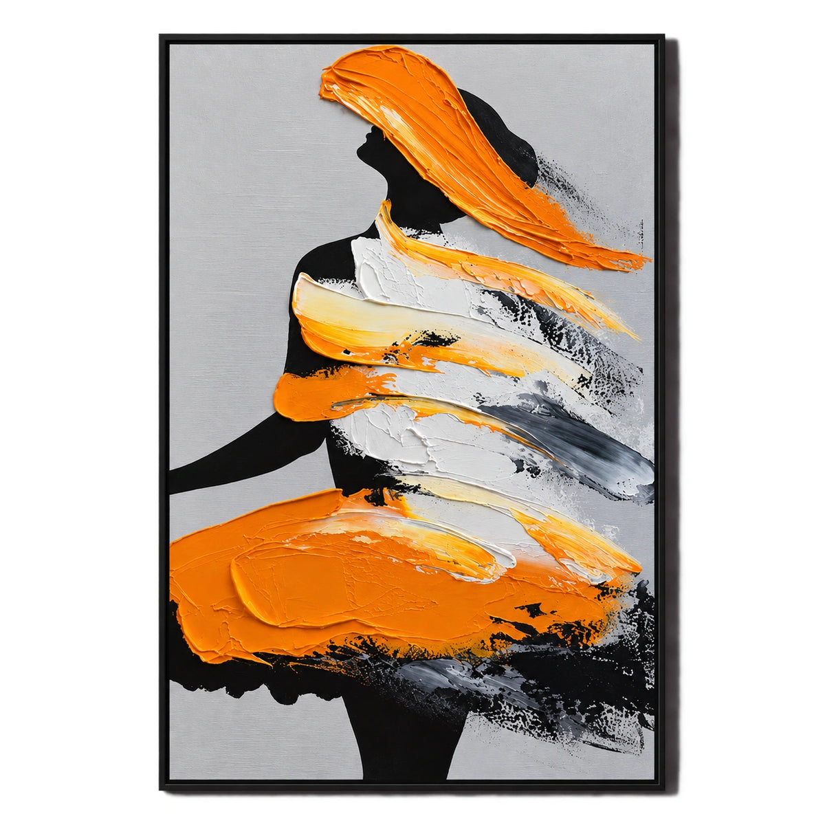 Ownanart Hand-Painted Orange Black and White Abstract Woman Silhouette Oil Painting – 3D Textured Vertical Impasto Canvas Wall Art for Living Room Bedroom Entryway and Office