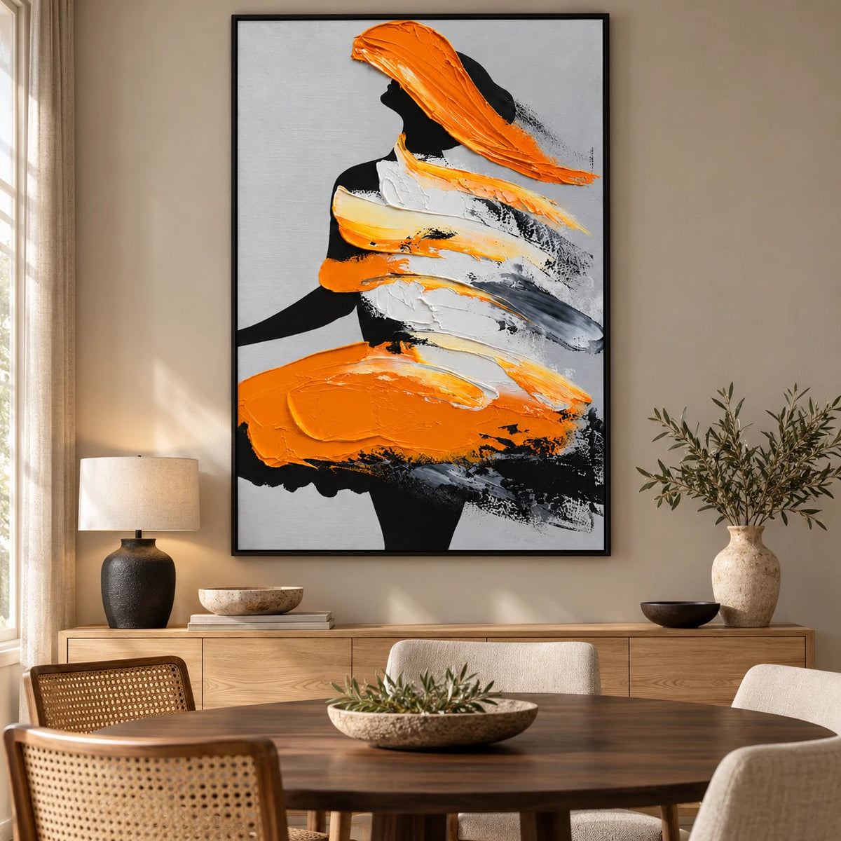 Ownanart Hand-Painted Orange Black and White Abstract Woman Silhouette Oil Painting – 3D Textured Vertical Impasto Canvas Wall Art for Living Room Bedroom Entryway and Office