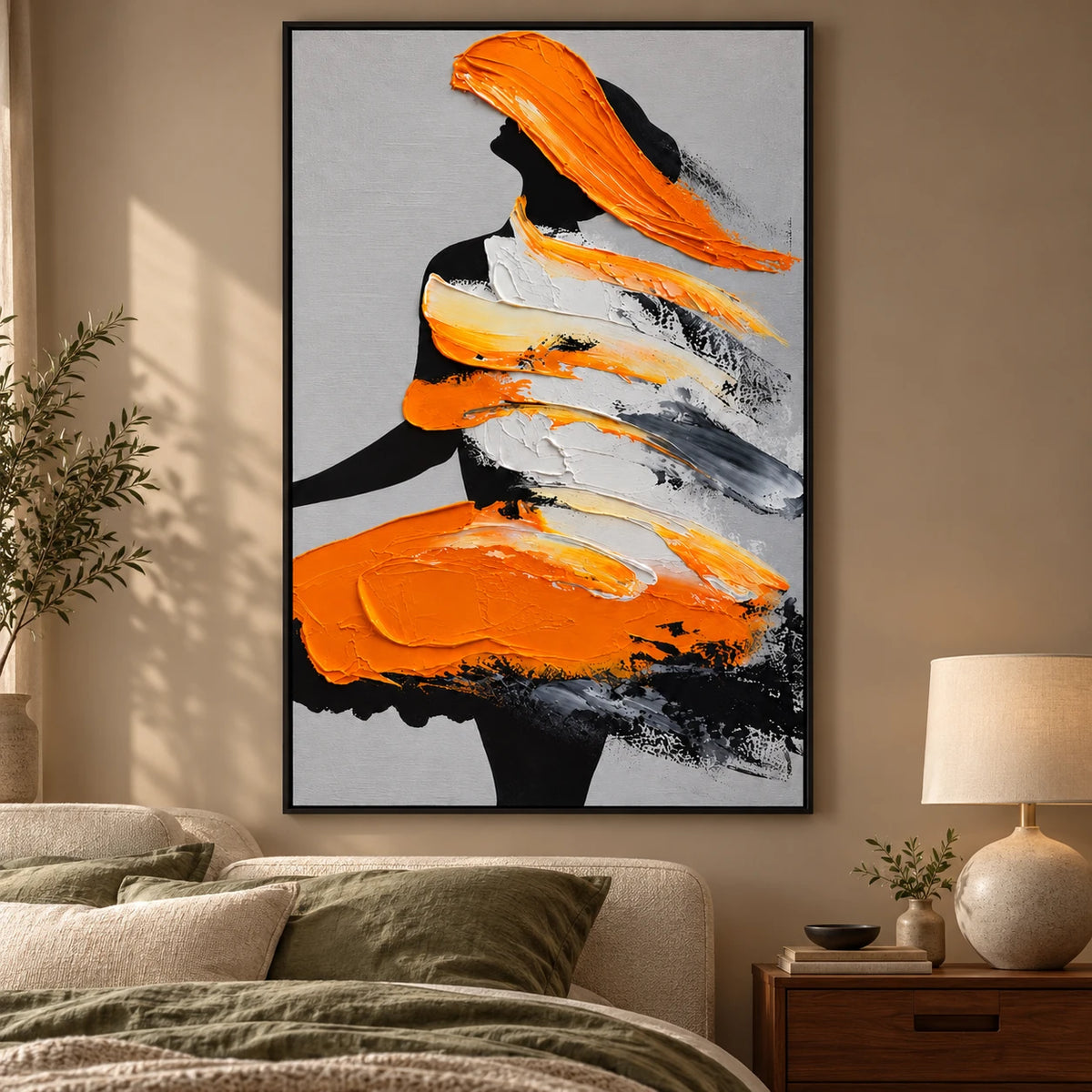 Ownanart Hand-Painted Orange Black and White Abstract Woman Silhouette Oil Painting – 3D Textured Vertical Impasto Canvas Wall Art for Living Room Bedroom Entryway and Office
