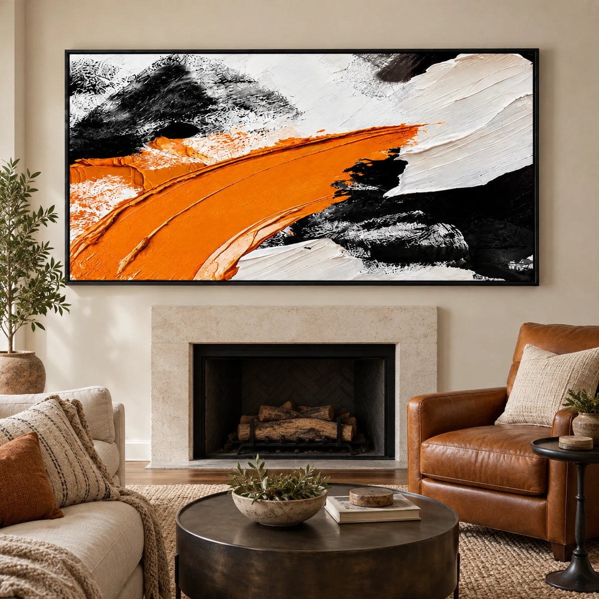Ownanart Hand-Painted Orange Black and White Panoramic Abstract Oil Painting – Textured Horizontal Canvas Wall Art for Living Room and Office