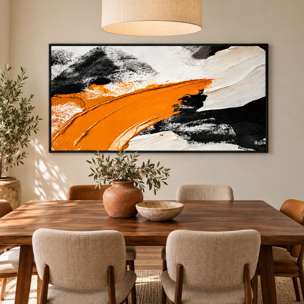 Ownanart Hand-Painted Orange Black and White Panoramic Abstract Oil Painting – Textured Horizontal Canvas Wall Art for Living Room and Office