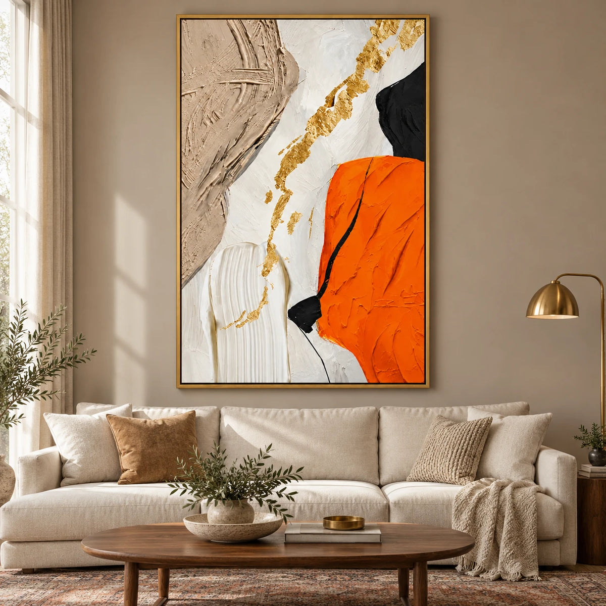 Ownanart Hand-Painted Orange White Beige Black and Gold Abstract Oil Painting – 3D Textured Vertical Impasto Canvas Wall Art for Living Room Bedroom Entryway and Office