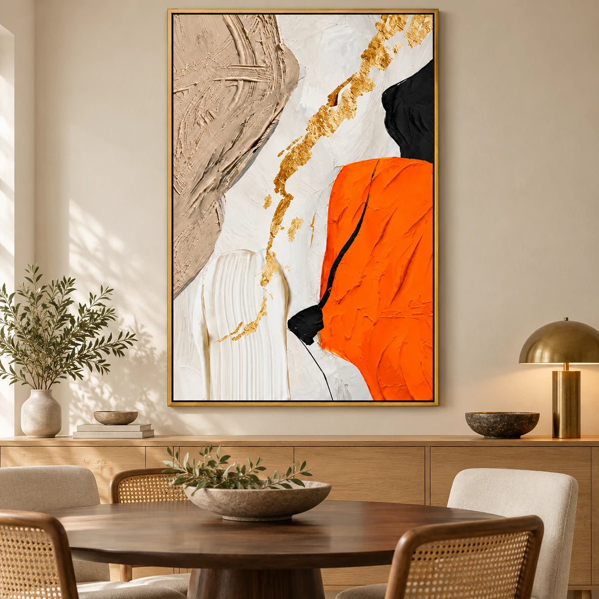 Ownanart Hand-Painted Orange White Beige Black and Gold Abstract Oil Painting – 3D Textured Vertical Impasto Canvas Wall Art for Living Room Bedroom Entryway and Office