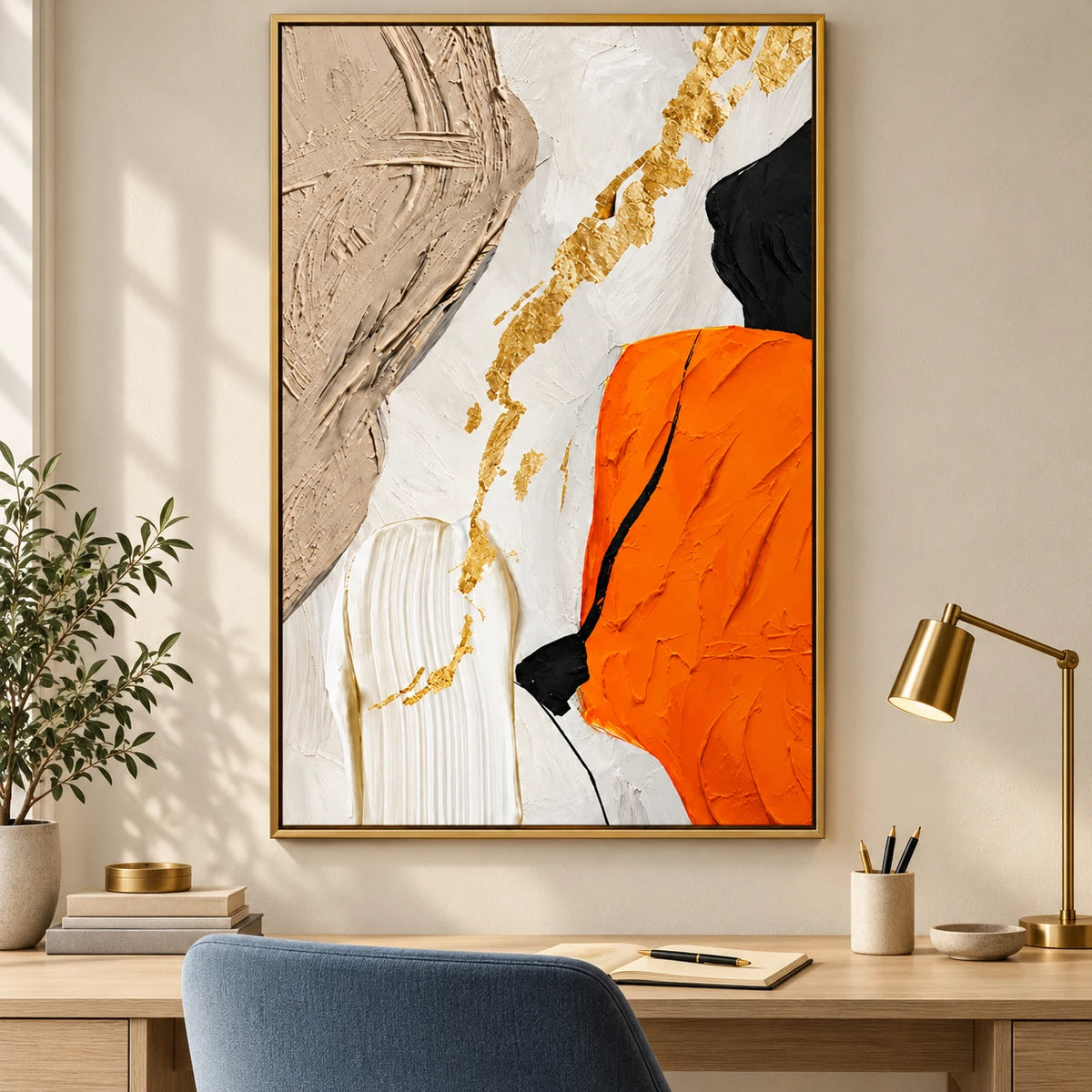 Ownanart Hand-Painted Orange White Beige Black and Gold Abstract Oil Painting – 3D Textured Vertical Impasto Canvas Wall Art for Living Room Bedroom Entryway and Office