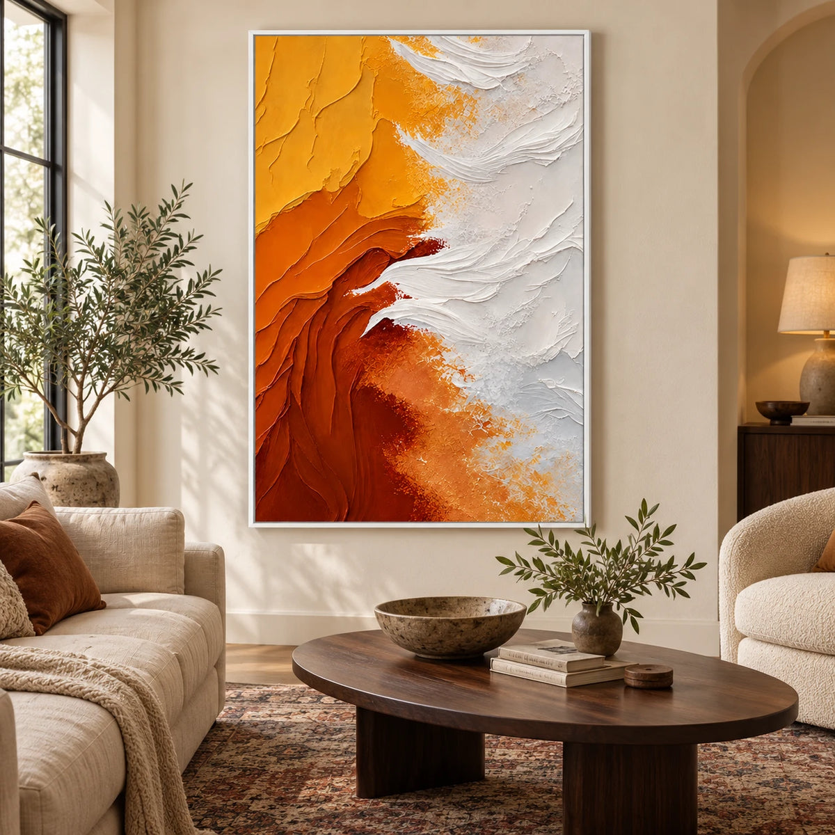 Ownanart Hand-Painted Orange Yellow and White Flowing Abstract Oil Painting – 3D Textured Vertical Impasto Canvas Wall Art for Living Room Bedroom Entryway and Office