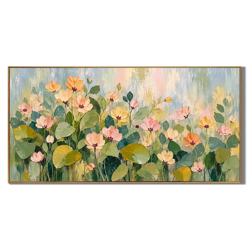 Ownanart Hand-Painted Pastel Floral Garden Oil Painting – Large Horizontal pink peach floral canvas, textured garden wall art, Original Canvas Art for Living Room and Office