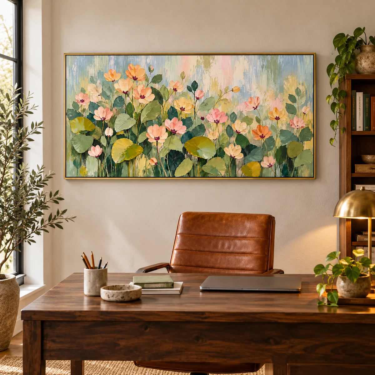 Ownanart Hand-Painted Pastel Floral Garden Oil Painting – Large Horizontal pink peach floral canvas, textured garden wall art, Original Canvas Art for Living Room and Office