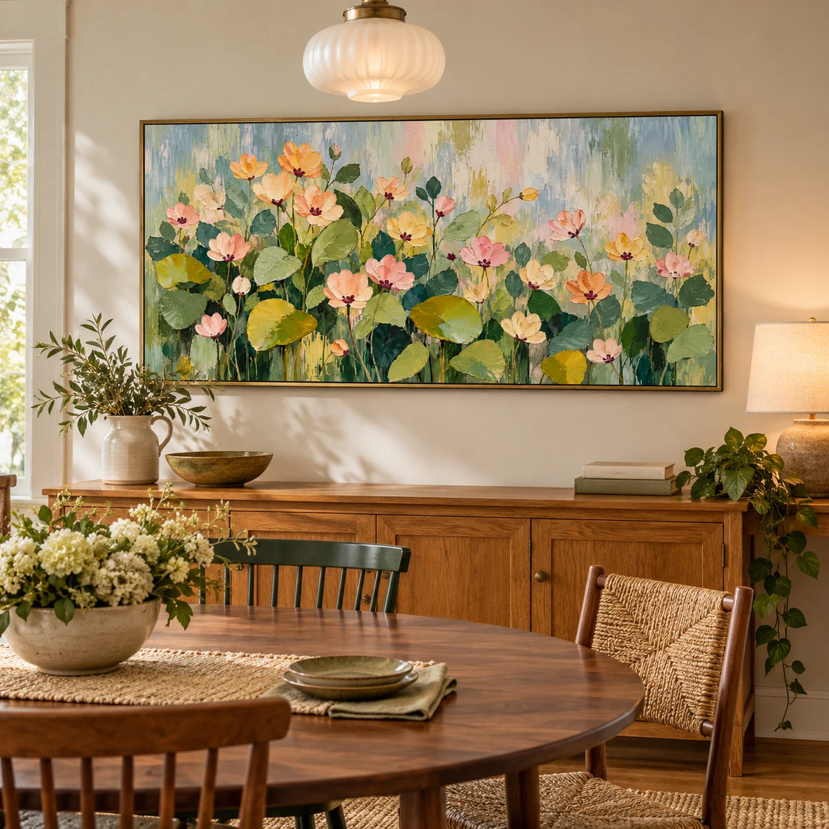Ownanart Hand-Painted Pastel Floral Garden Oil Painting – Large Horizontal pink peach floral canvas, textured garden wall art, Original Canvas Art for Living Room and Office