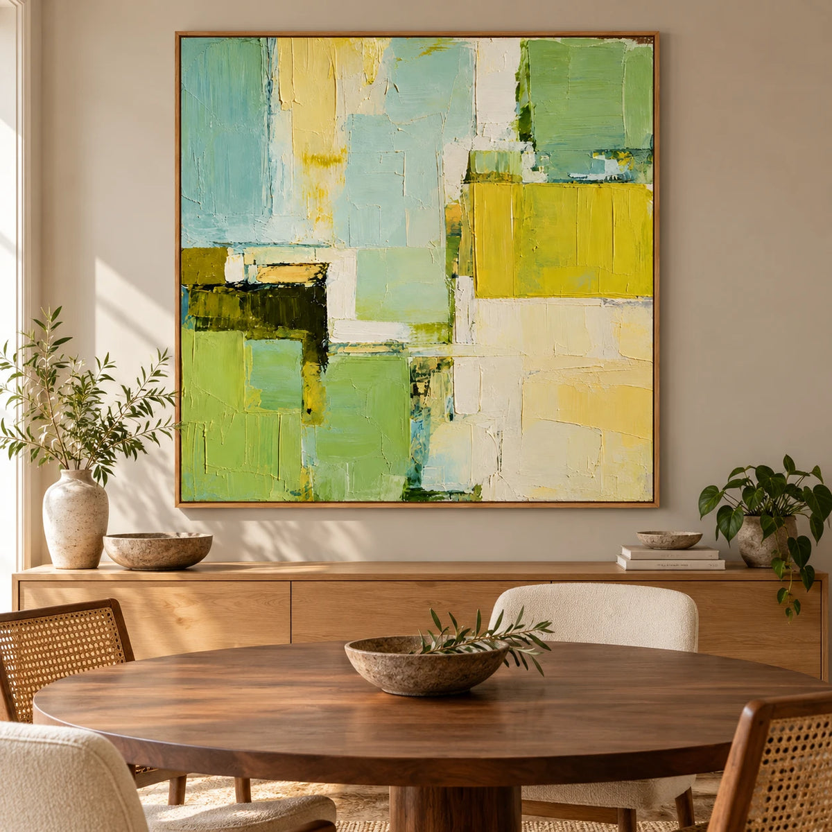 Ownanart Hand-Painted Sage Green Pale Blue and Cream Yellow Geometric Abstract Oil Painting – 3D Textured Square Impasto Canvas Wall Art for Living Room Bedroom Dining Room and Office