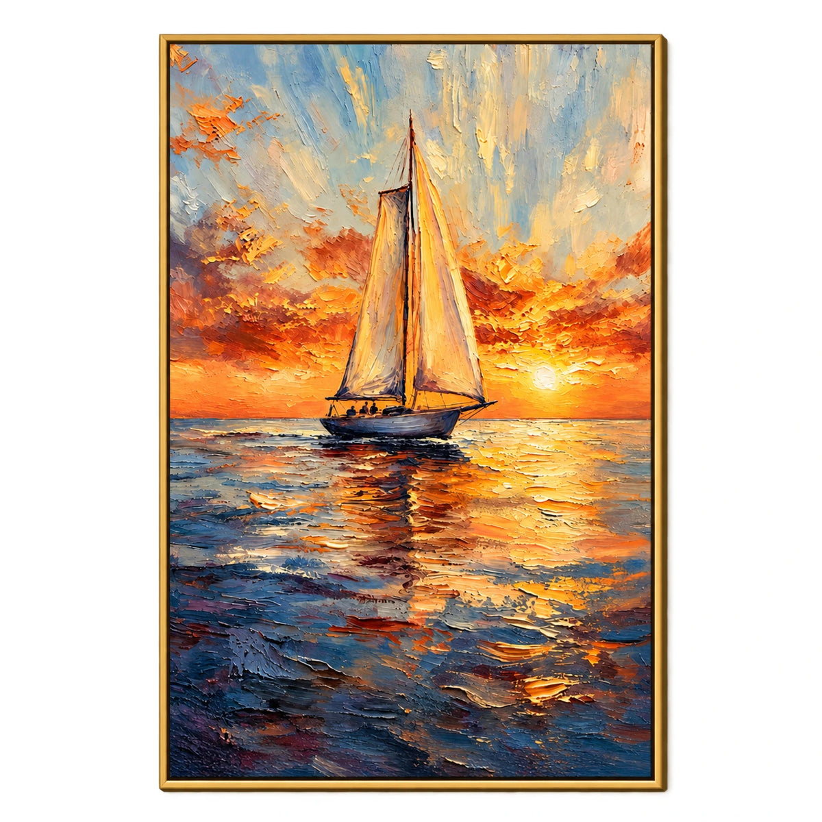 Ownanart Hand-Painted Sailboat at Golden Sunset Oil Painting – Impressionist Nautical Seascape, 3D Textured Vertical Canvas Wall Art for Living Room Bedroom Entryway and Office