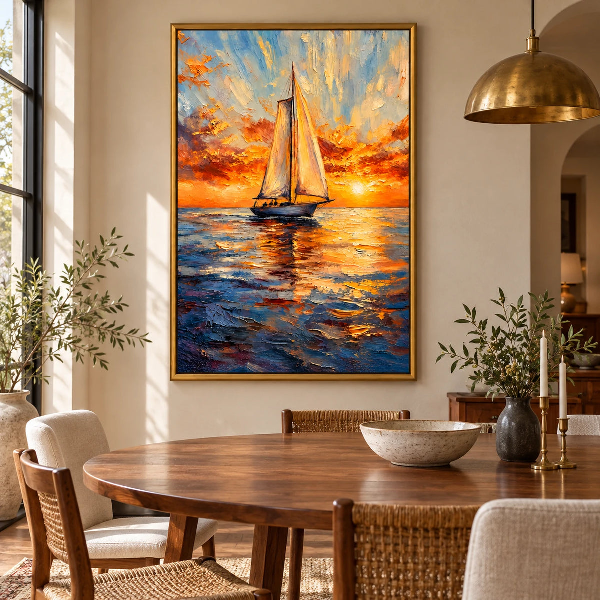 Ownanart Hand-Painted Sailboat at Golden Sunset Oil Painting – Impressionist Nautical Seascape, 3D Textured Vertical Canvas Wall Art for Living Room Bedroom Entryway and Office