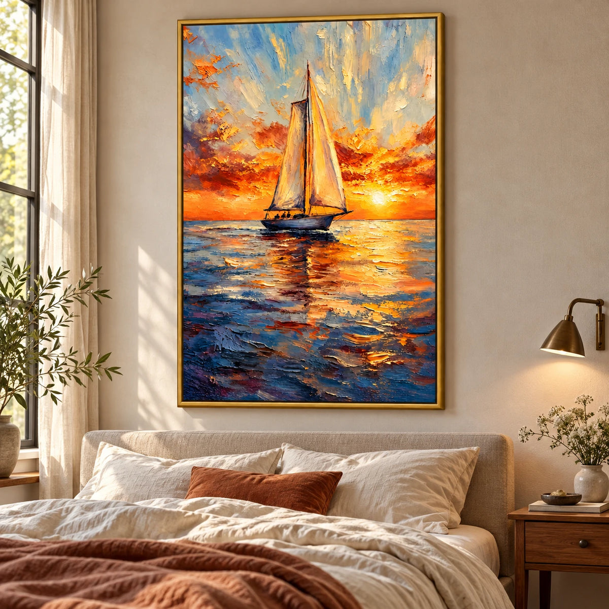 Ownanart Hand-Painted Sailboat at Golden Sunset Oil Painting – Impressionist Nautical Seascape, 3D Textured Vertical Canvas Wall Art for Living Room Bedroom Entryway and Office