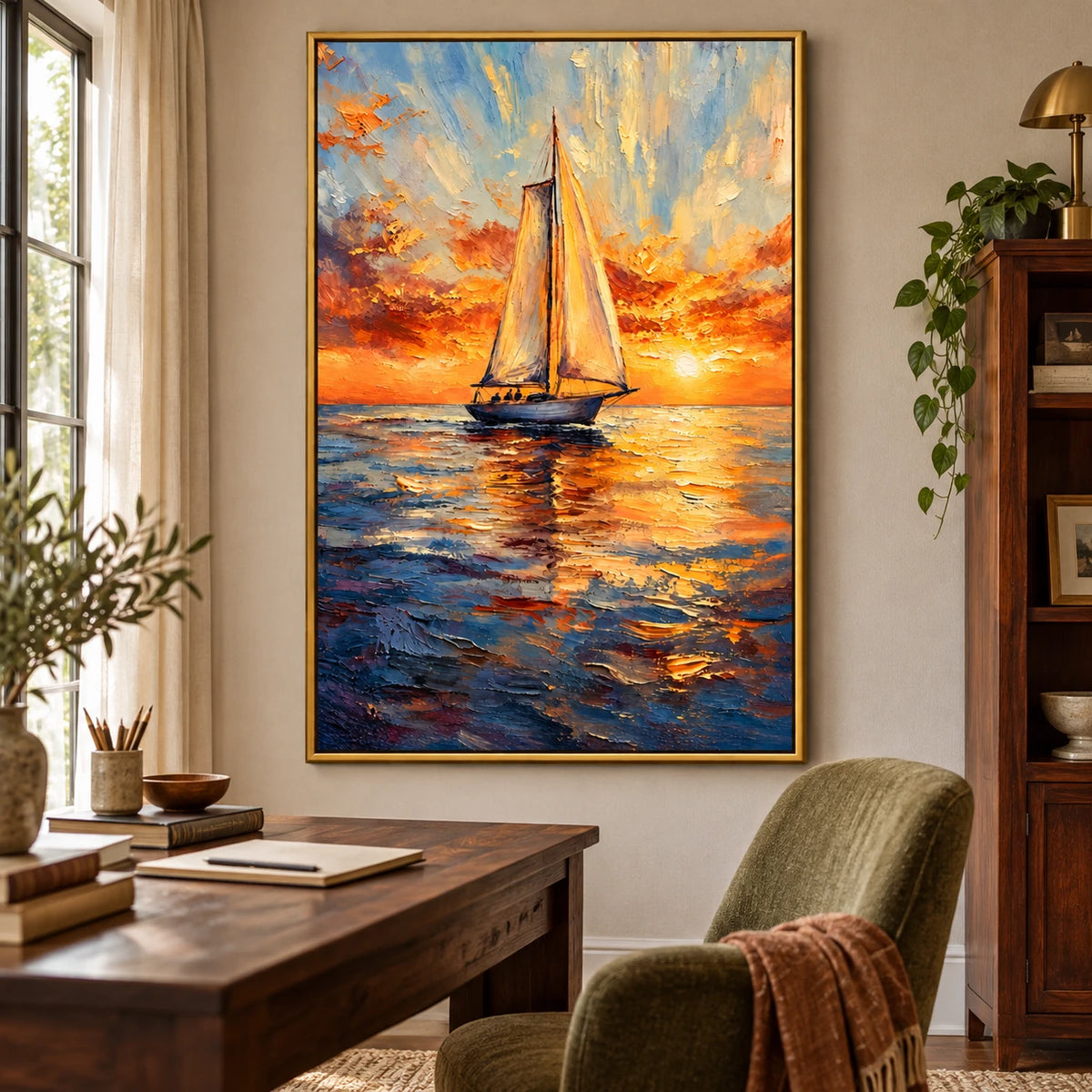 Ownanart Hand-Painted Sailboat at Golden Sunset Oil Painting – Impressionist Nautical Seascape, 3D Textured Vertical Canvas Wall Art for Living Room Bedroom Entryway and Office