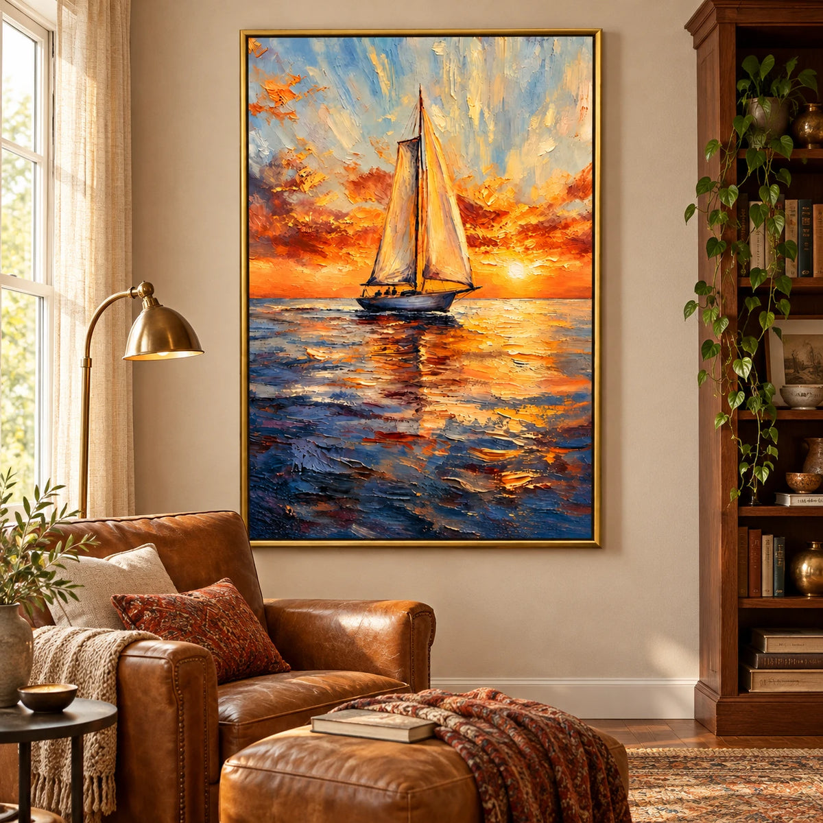 Ownanart Hand-Painted Sailboat at Golden Sunset Oil Painting – Impressionist Nautical Seascape, 3D Textured Vertical Canvas Wall Art for Living Room Bedroom Entryway and Office