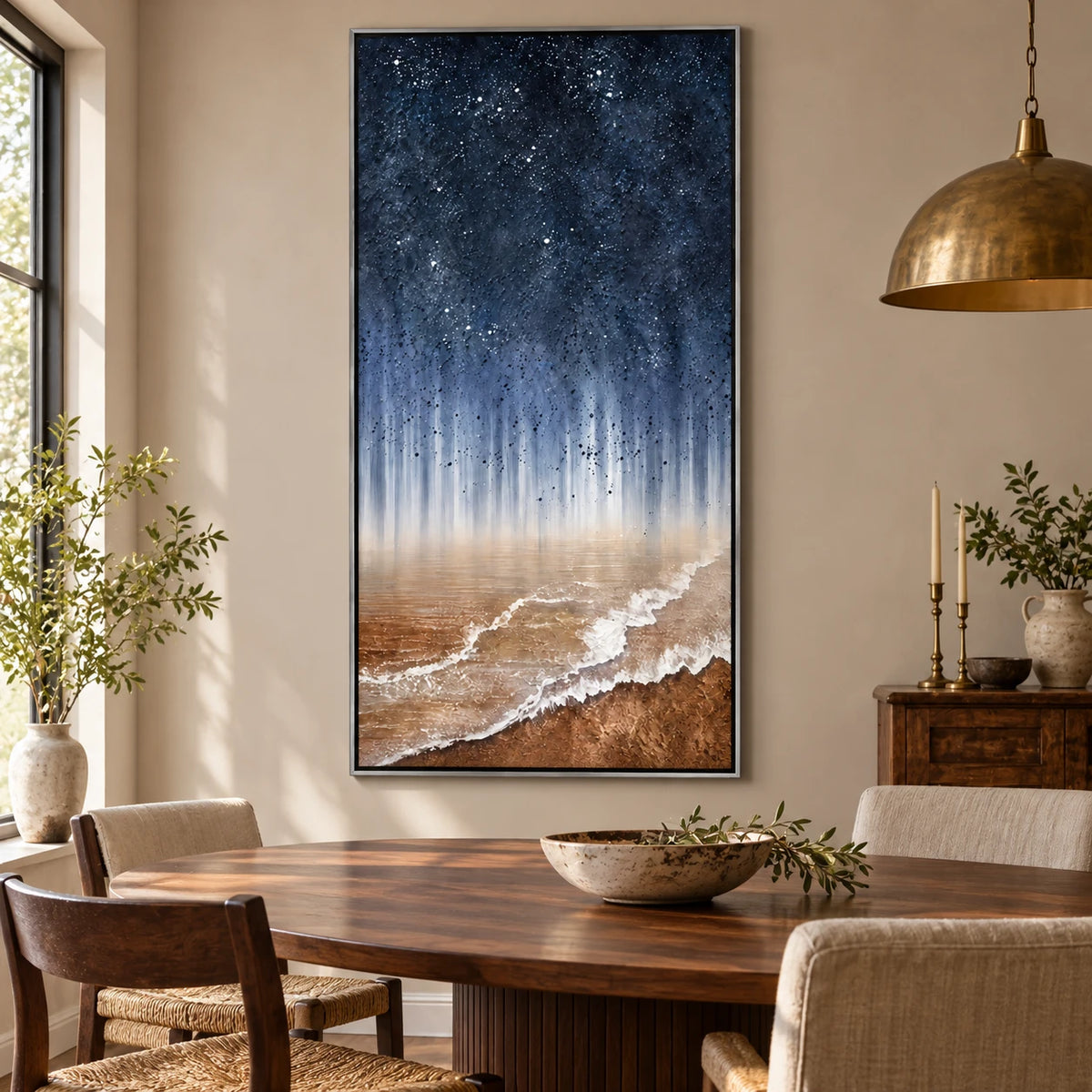 Ownanart Hand-Painted Starry Night Sky over Ocean Shore Oil Painting – Atmospheric Abstract Coastal Landscape, 3D Textured Vertical Canvas Wall Art for Living Room Bedroom Entryway and Office