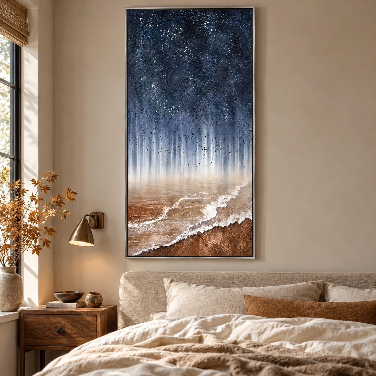 Ownanart Hand-Painted Starry Night Sky over Ocean Shore Oil Painting – Atmospheric Abstract Coastal Landscape, 3D Textured Vertical Canvas Wall Art for Living Room Bedroom Entryway and Office