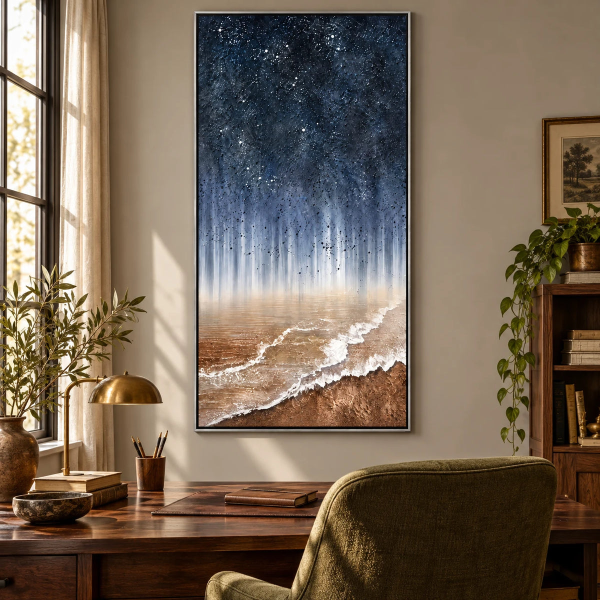 Ownanart Hand-Painted Starry Night Sky over Ocean Shore Oil Painting – Atmospheric Abstract Coastal Landscape, 3D Textured Vertical Canvas Wall Art for Living Room Bedroom Entryway and Office