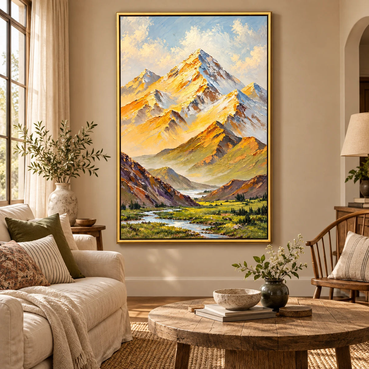 Ownanart Hand-Painted Sunlit Snow Mountains and Alpine River Oil Painting – Impasto Mountain Landscape, 3D Textured Vertical Canvas Wall Art for Living Room Bedroom Entryway and Office