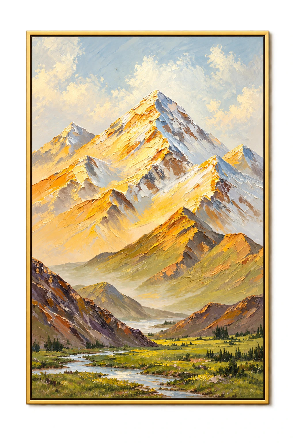 Ownanart Hand-Painted Sunlit Snow Mountains and Alpine River Oil Painting – Impasto Mountain Landscape, 3D Textured Vertical Canvas Wall Art for Living Room Bedroom Entryway and Office