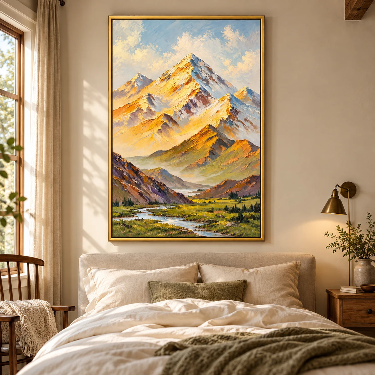 Ownanart Hand-Painted Sunlit Snow Mountains and Alpine River Oil Painting – Impasto Mountain Landscape, 3D Textured Vertical Canvas Wall Art for Living Room Bedroom Entryway and Office