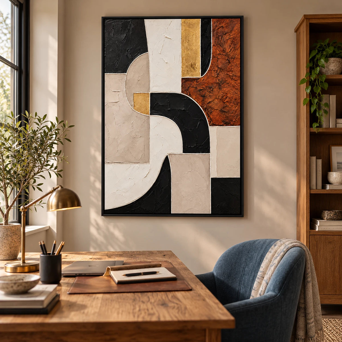 Ownanart Hand-Painted Terracotta Black Beige White and Gold Geometric Abstract Oil Painting – 3D Textured Vertical Impasto Canvas Wall Art for Living Room Bedroom Entryway and Office