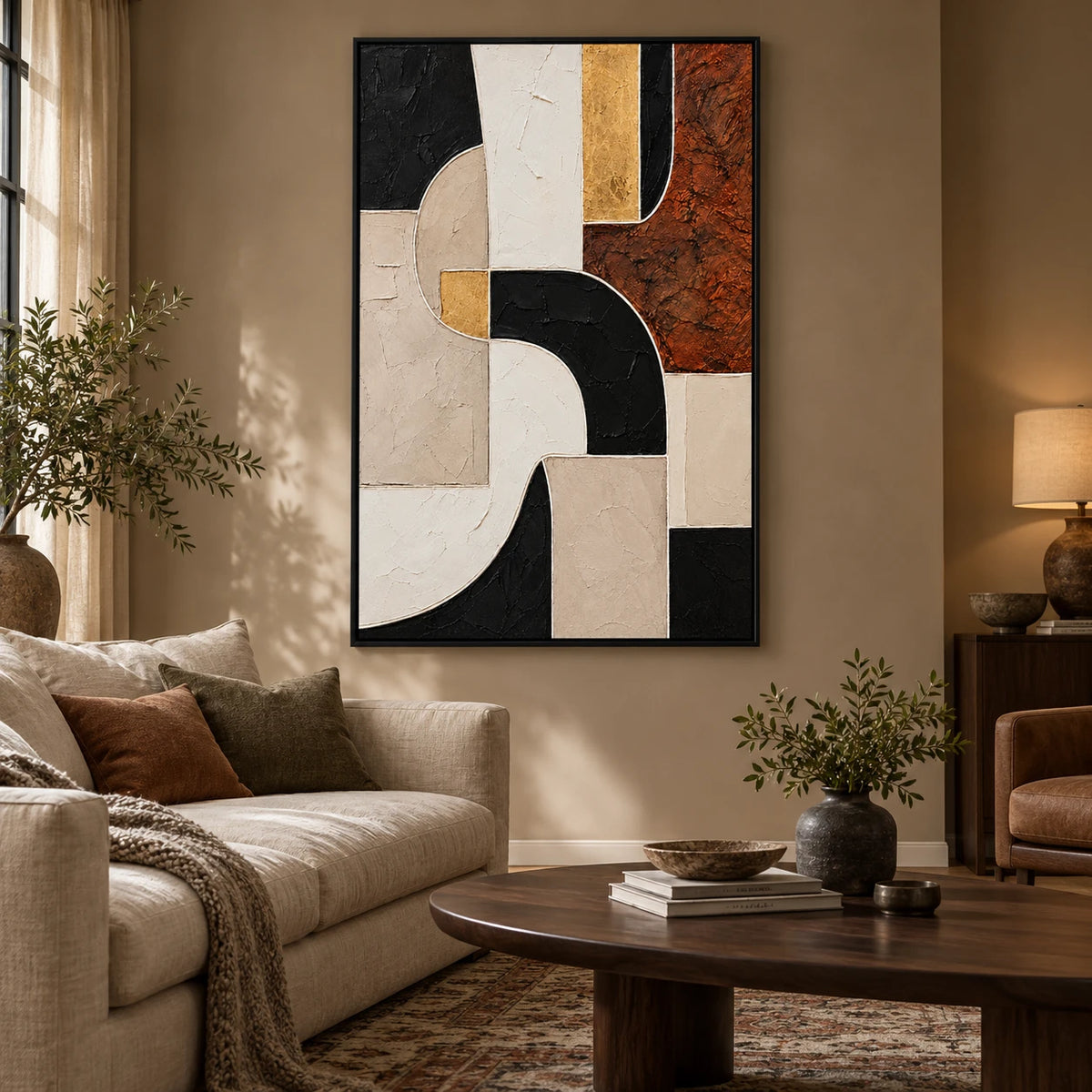 Ownanart Hand-Painted Terracotta Black Beige White and Gold Geometric Abstract Oil Painting – 3D Textured Vertical Impasto Canvas Wall Art for Living Room Bedroom Entryway and Office
