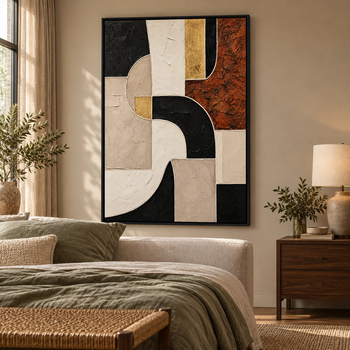 Ownanart Hand-Painted Terracotta Black Beige White and Gold Geometric Abstract Oil Painting – 3D Textured Vertical Impasto Canvas Wall Art for Living Room Bedroom Entryway and Office